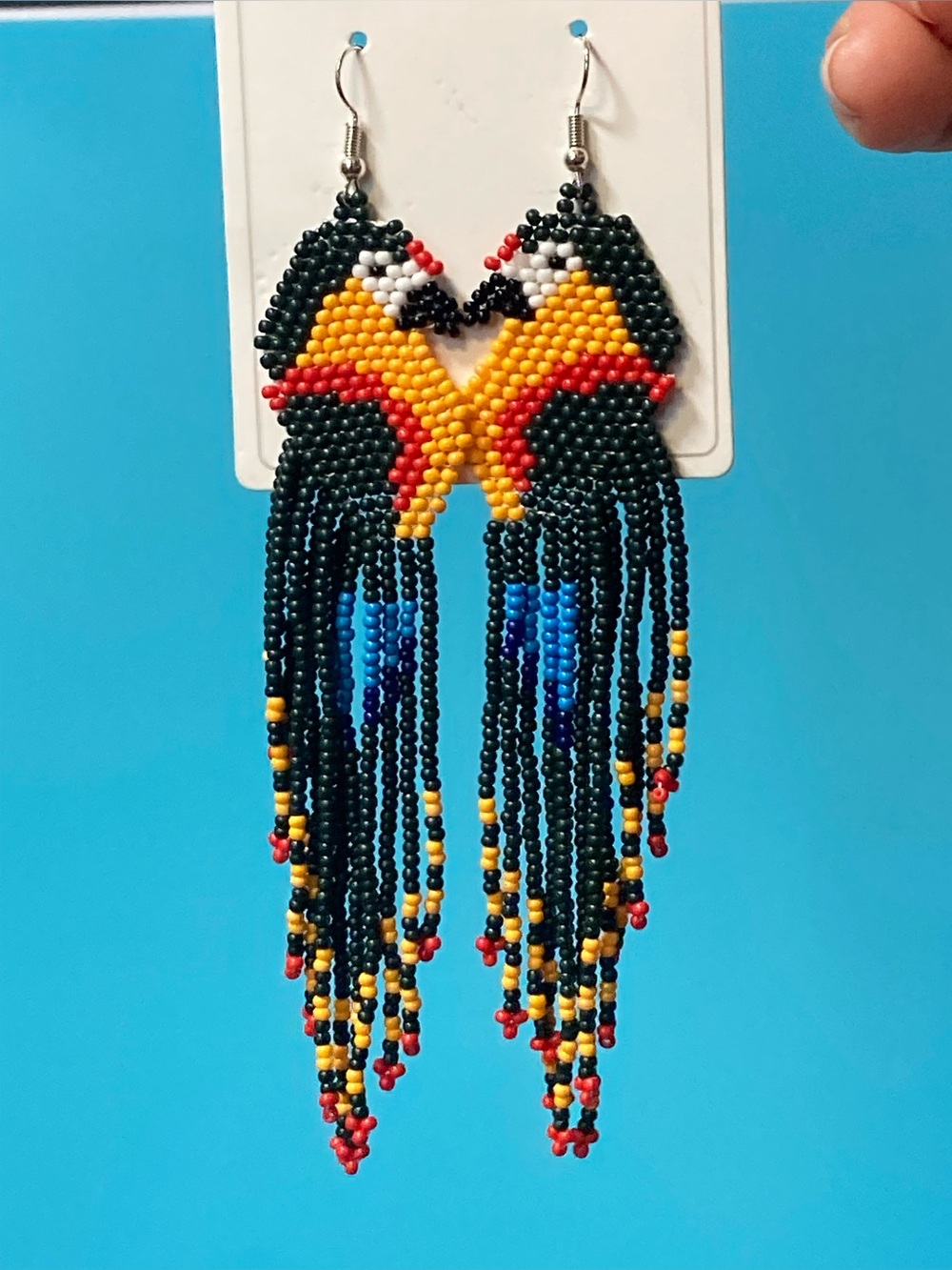 Handcrafted Beaded Parrot Fringe Earrings - Black, Yellow, Red, Blue